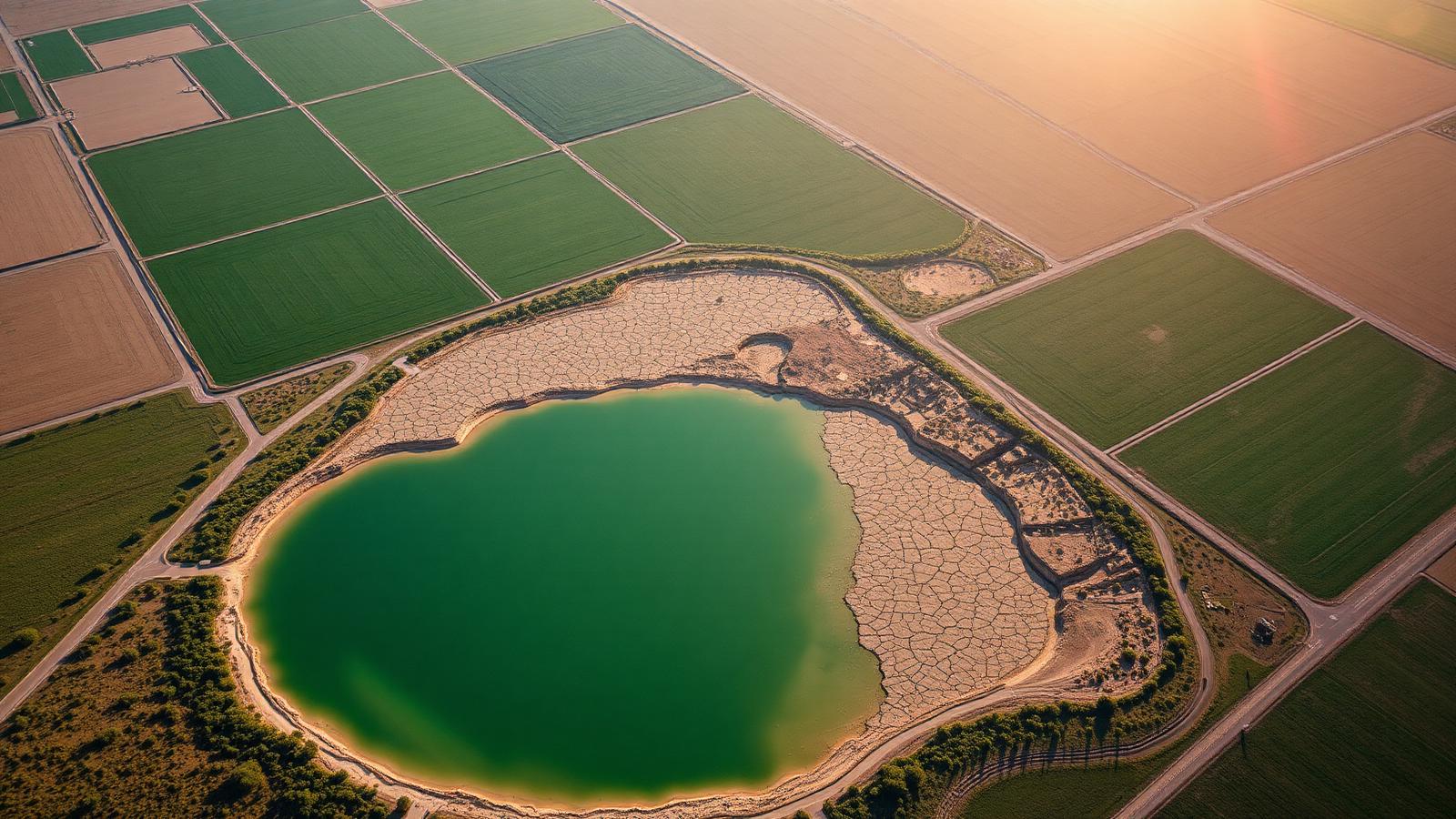 Aerial view of a shrinking reservoir beside irrigated farmland