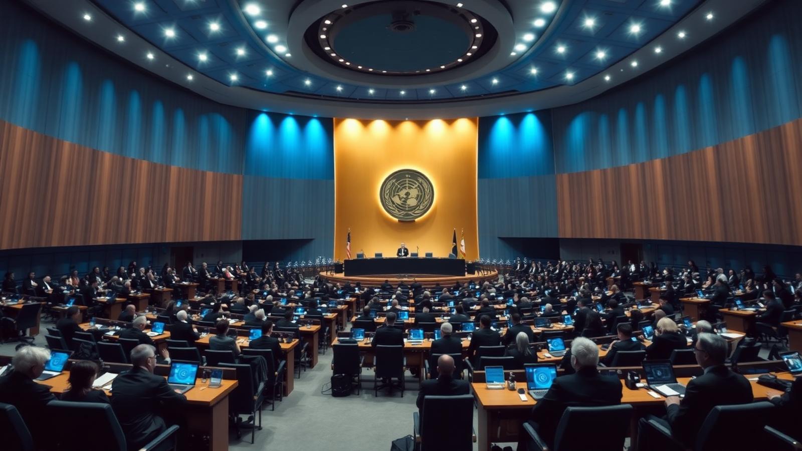 Delegates seated in a large international summit hall